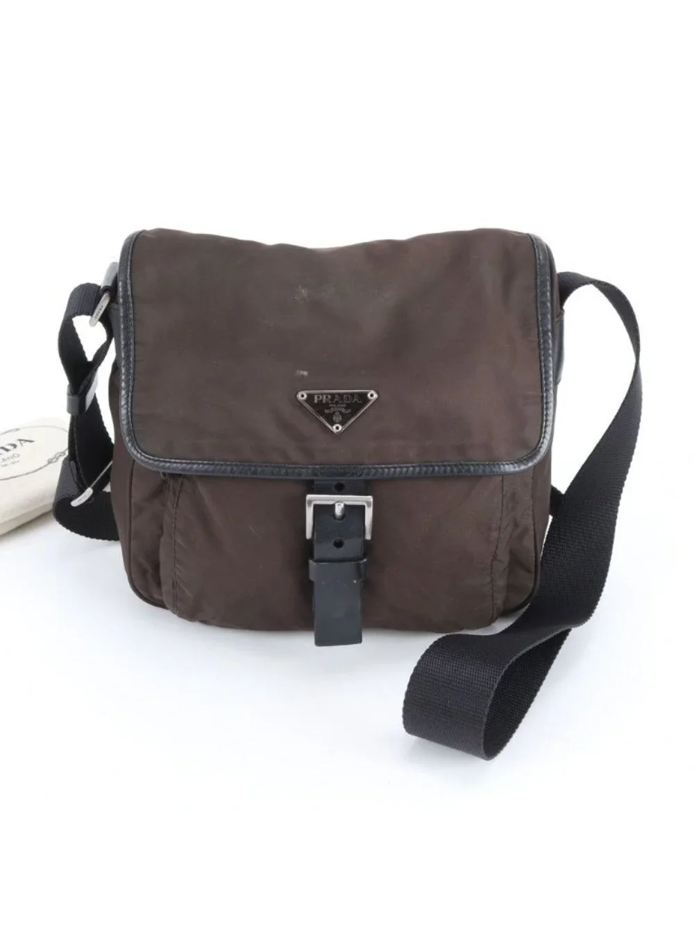 Prada Tessuto Nylon Triangle Logo Leather Shoulder Bag Crossbody Messenger